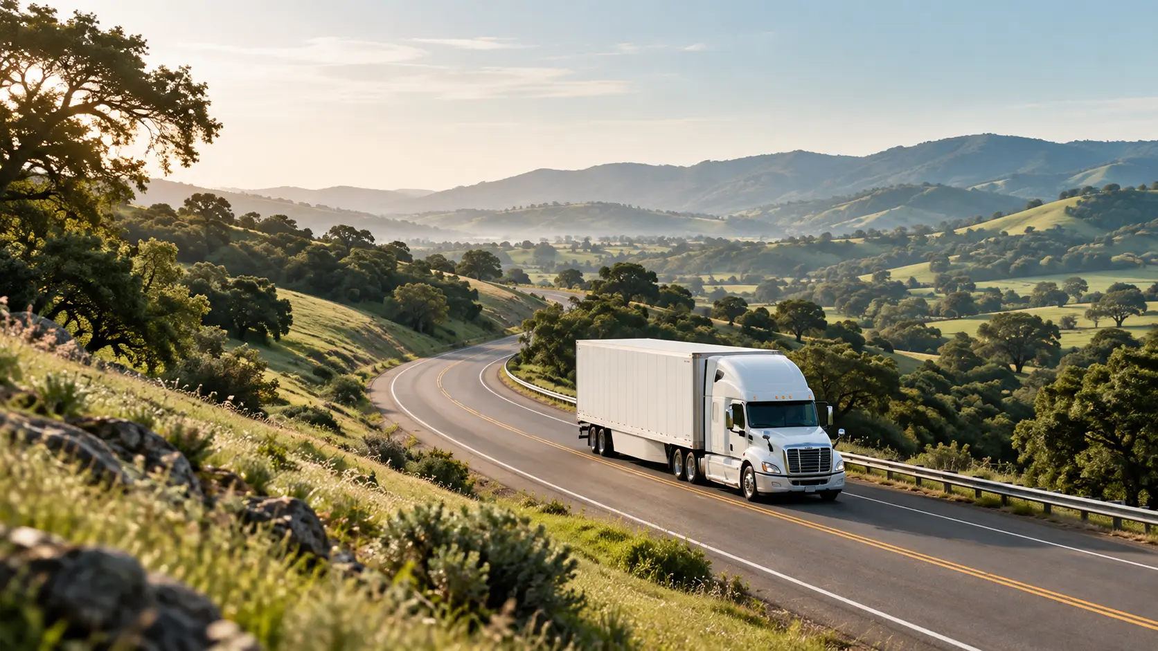 A white semi truck on a winding highway through California's oak-covered hills