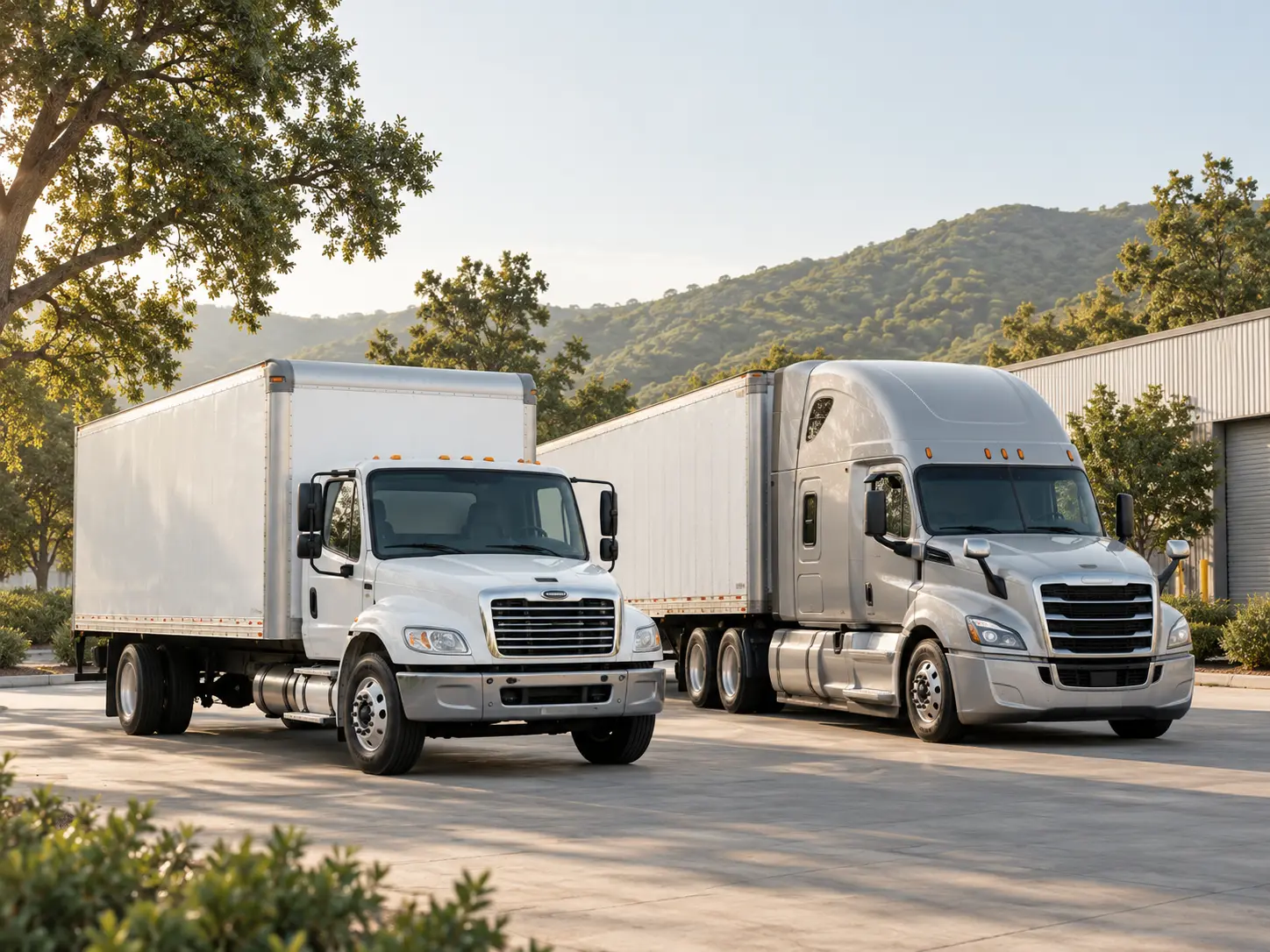 A box truck and a semi truck parked at a warehouse in the California hills